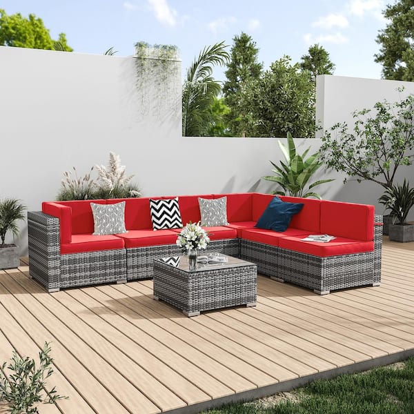 7 Seat 6-Piece Wicker Outdoor Patio Conversation Sectional Deep Seating Sofa Set with Red Cushions, Coffee Table