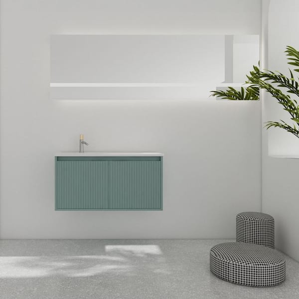 UPIKER Contemporary 35.8 in. W x 18.2 in. D x 18.2 in. H Floating Bath Vanity in Green with White Resin Top