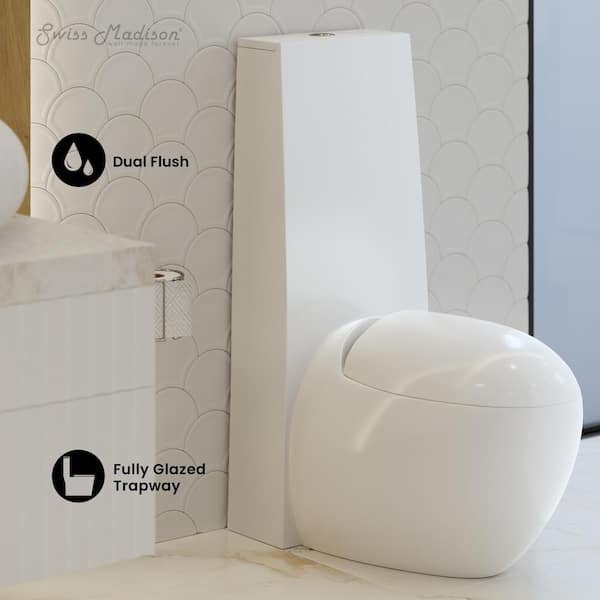 Plaisir 1-piece 1.1/1.6 GPF Dual Flush Elongated Egg Toilet in Glossy White, Seat Included