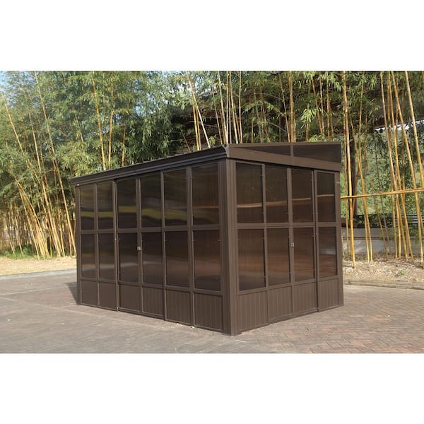 8 ft. x 12 ft. Brown Wall-Mounted Aluminum Frame Sunroom with Galvanized Steel Sloped Roof and Sliding Doors