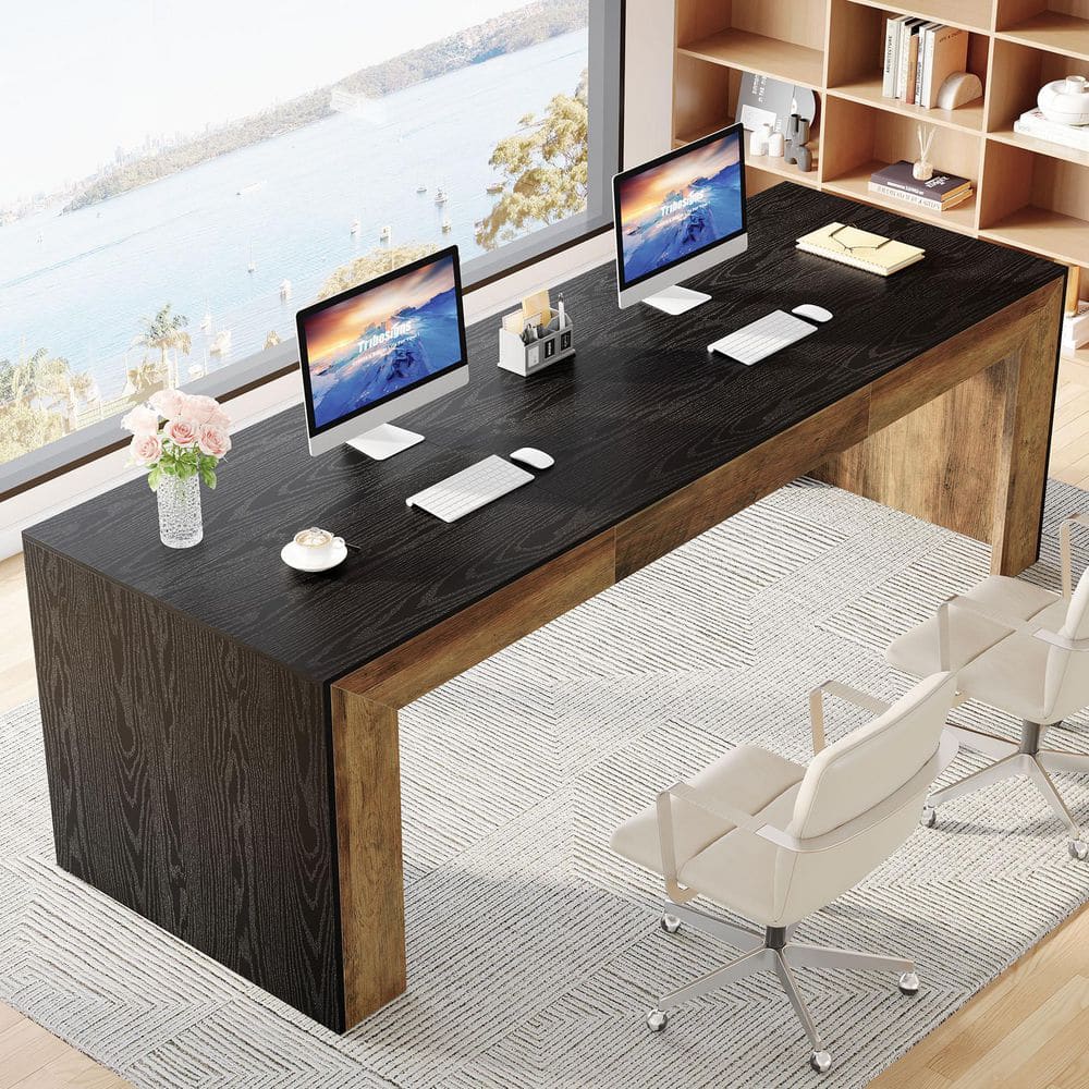 BYBLIGHT Moronia 78.7 in. Rectangular BrownandBlack MDF Computer Desk ...