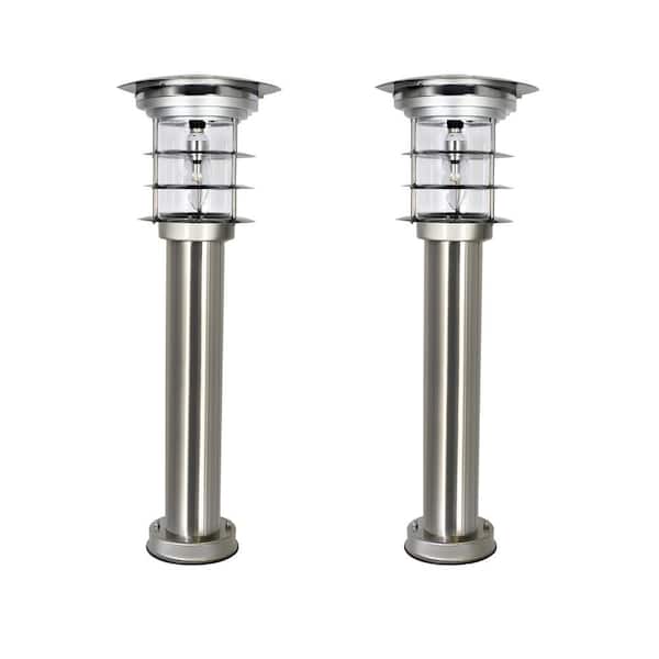 GAMA SONIC Stainless Steel Silver Bollard Light Outdoor Waterproof Garden Solar Warm White LED Pathway Landscape Light (2-Pack)
