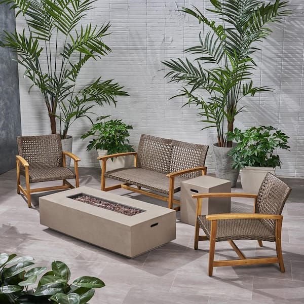 Noble House Augusta Natural and Light Grey 5-Piece Wood Outdoor Patio Fire Pit Seating Set