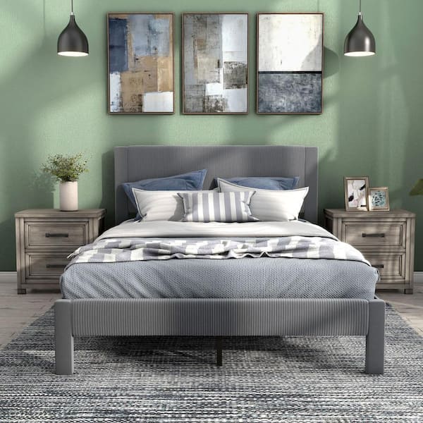 Roco Gray Wood Upholstered Velvet Frame Queen Platform Bed With Slat Kit