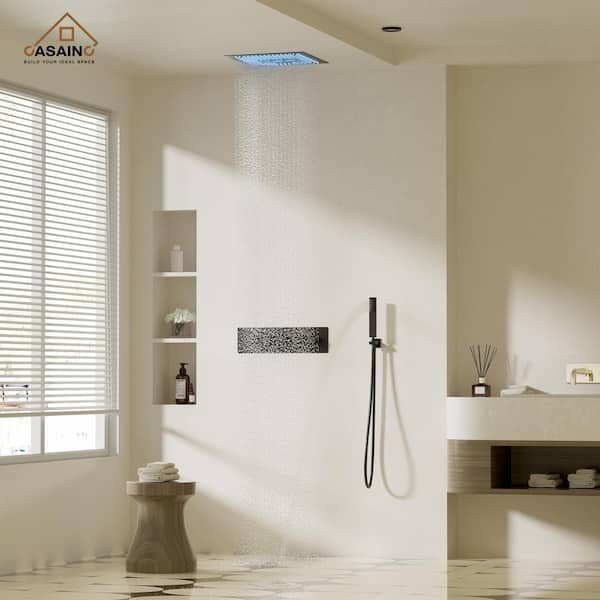 4-Spray Dual Shower Heads 16 in. Ceiling Mount Fixed and Handheld Shower Head 64 Color Lights, 2.5 GPM in Matte Black