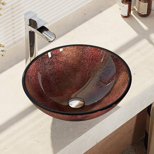 Rene Glass Vessel Sink in Multi-Colors with R9-7007 Faucet and Pop-Up Drain in Chrome