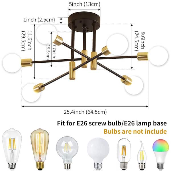 SPOLI 6-Light Sputnik Ceiling Light – Mid-Century Modern Semi-Flush Mount, Black & Gold, Adjustable Arms, E26 Base (Bulbs Not Included), For Dining Room, Kitchen, Living Room