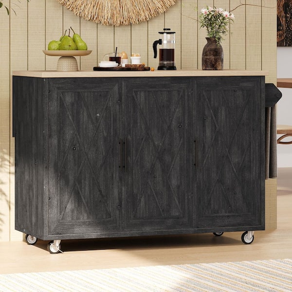 XUJMK Black Wood 51 in. Geometric Twill Stripe Textured Design Farmhouse Kitchen Island on Wheels with Internal Storage Rack