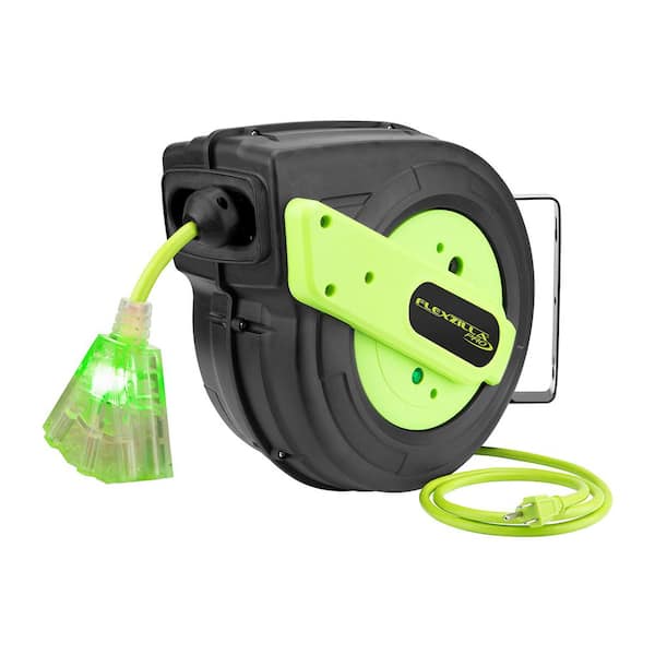 Flexzilla Retractable Extension Cord Reel, 12/3 AWG SJTOW Cord with Grounded Triple Tap Outlet