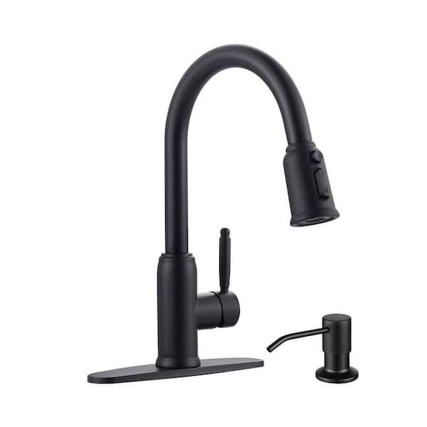 15 in. Stainless Steel Single Handle 360° Pull Down Sprayer Kitchen Faucet with Soap Dispenser in Matte Black