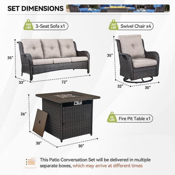 6-Piece Brown Wicker Fire Pit Conversation Set with Olefin Beige Cushions and 4 Swivel Glider Chairs and Couch