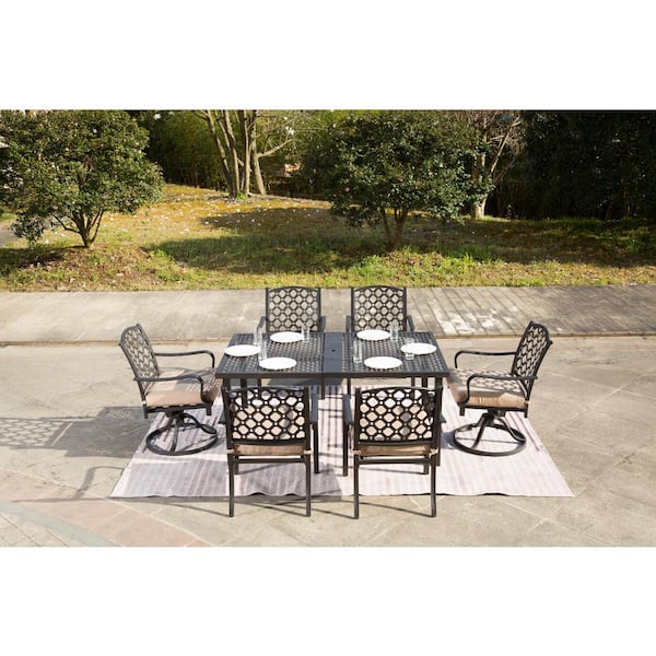 Unbranded Antique Bronze 7-Piece Metal Outdoor Dining Set with Removable Beige Cushions