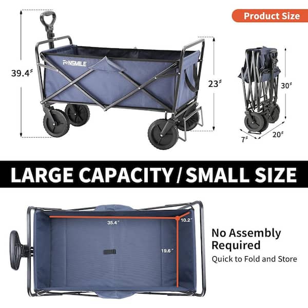 Unbranded - 4.9 cu. ft. Fabric PVC Garden Cart, 2-Fold Collapsible Wagon Cart with Metal Frame, Cup Holder, Adjustable Handle, Blue