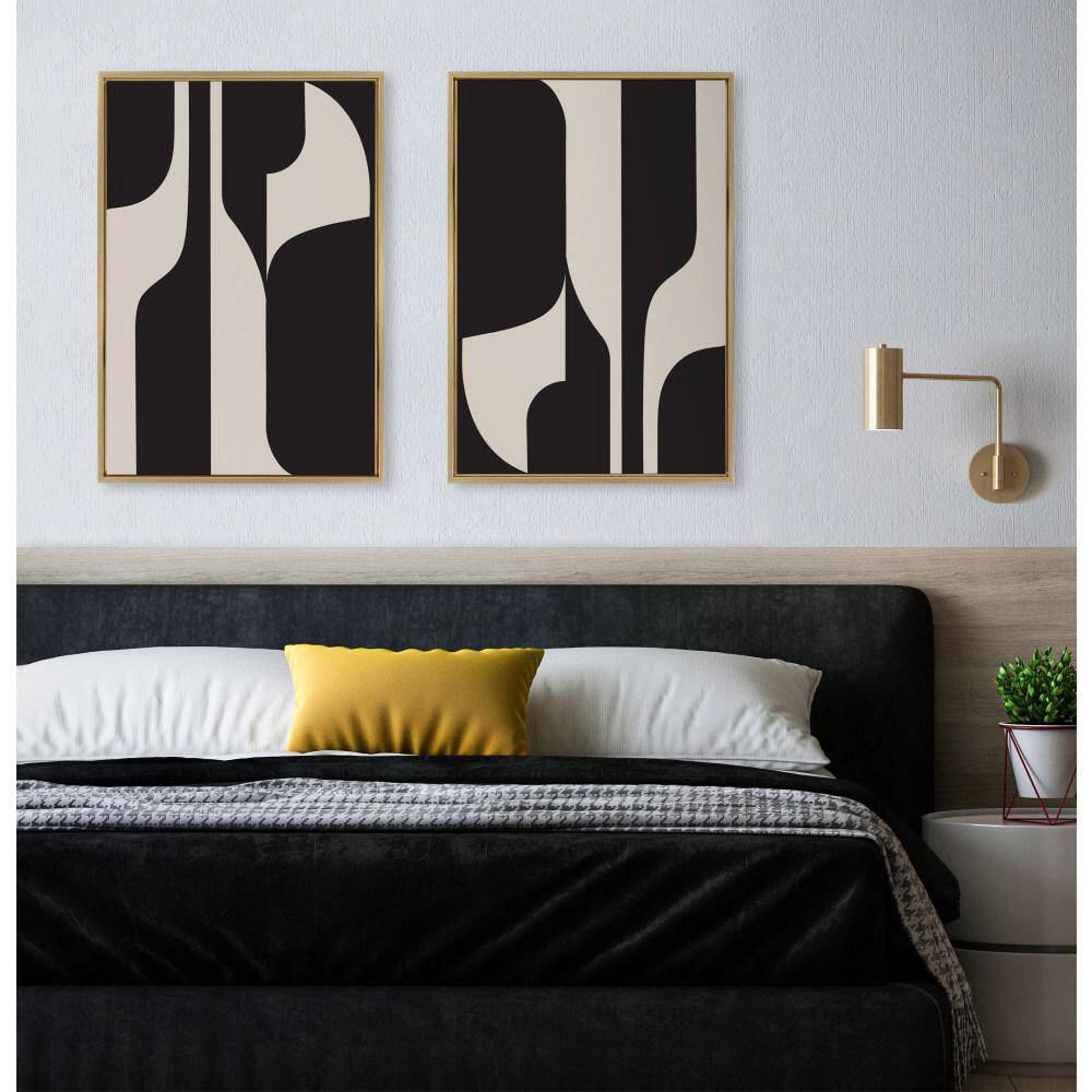 Modern Black and Beige Abstract Canvas Wall Art, 23x33 Gold Frame