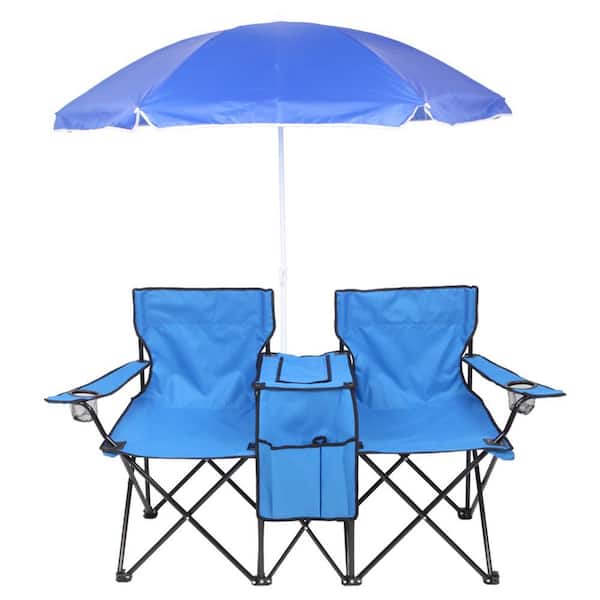 Movisa Blue Double Folding Picnic Chairs with Umbrella Mini Table