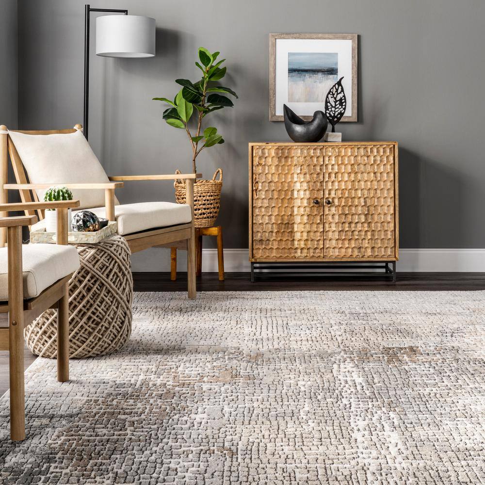 Contemporary Abstract Tile 7x9 Beige Synthetic Area Rug