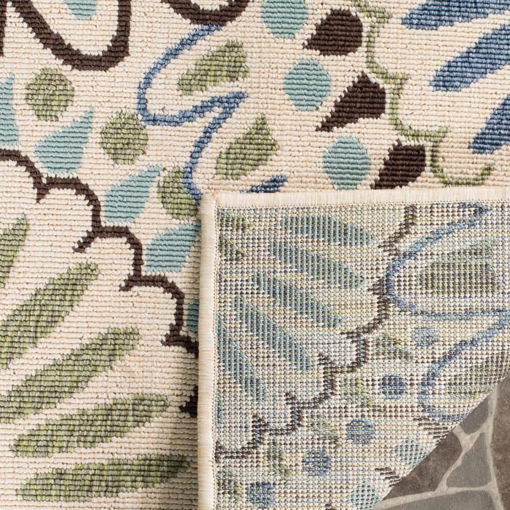 Cream and Blue Geometric Square Indoor/Outdoor Rug