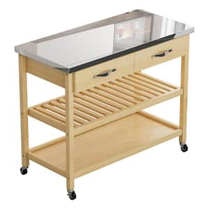 Natural Metal 44.1 in. Tabletop Rolling Kitchen Island with Drawers and Shelves Mobile Kitchen Cart on Wheels