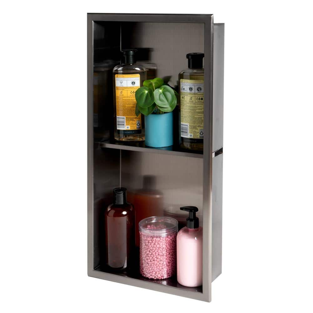 Brushed Black Stainless Steel Double Shelf Shower Niche