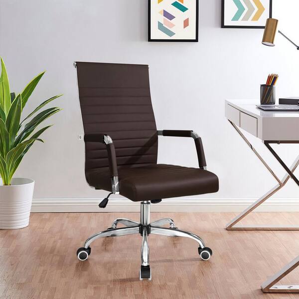 LACOO Brown Ribbed Office Mid-Back PU Leather Executive Task LACOO Brown Ribbed Office Mid-Back PU Leather Executive Task