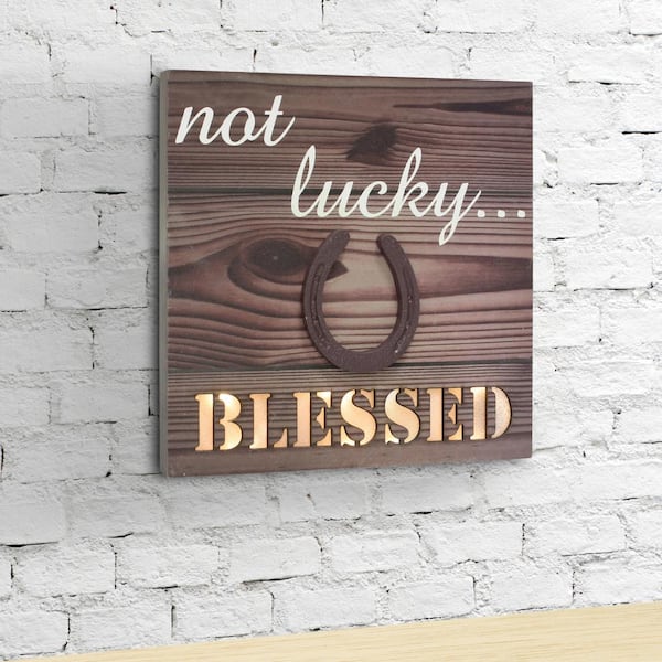 Stonebriar Collection 12 in. x 12 in. Brown Wood LED Wall Art with Horseshoe Detail