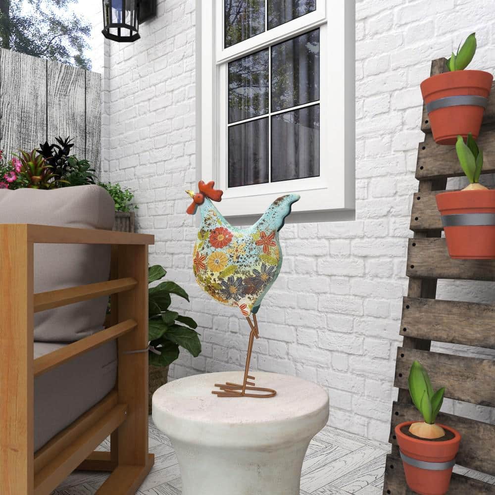 17" Green Floral Metal Rooster Garden Sculpture