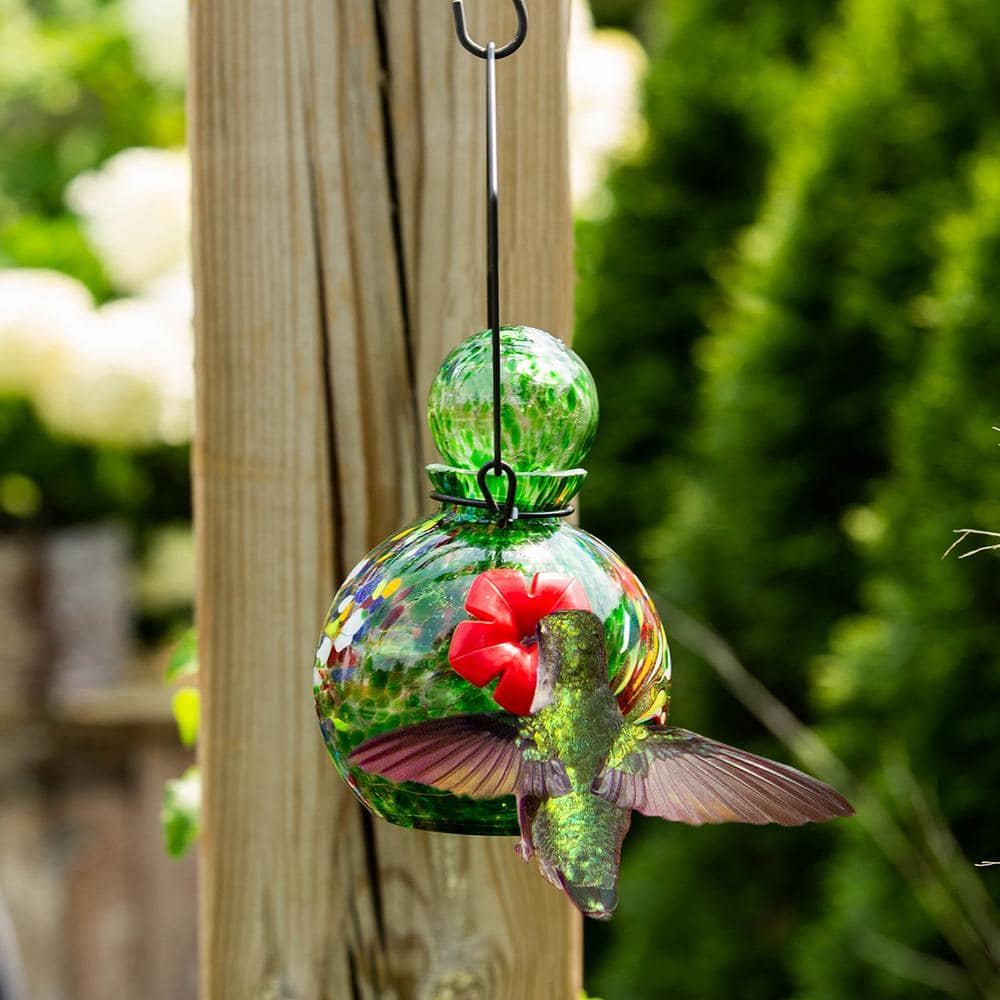 Green Hand-Blown Glass Hanging Hummingbird Feeder with Solar LED