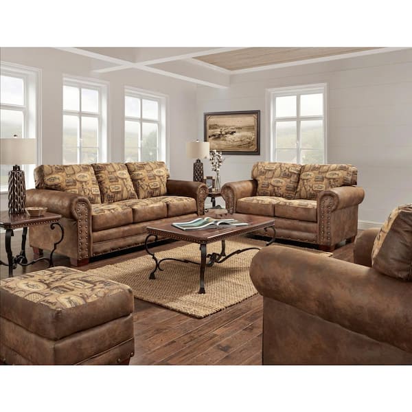 American Furniture Classics River Bend 4-Piece River Bend Tapestry Brown Pinto Microfiber Living Room Set with Sleeper Sofa