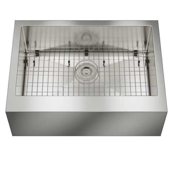 30 in. Farmhouse Apron Front Single Bowl Brushed Stainless Steel Kitchen Sink with Drainage Grid and Drain Assembly