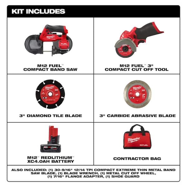 M12 FUEL 12V Lithium-Ion Cordless Compact Band Saw XC Kit with Cut Off Saw, 4.0 Ah Battery, Charger and Bag