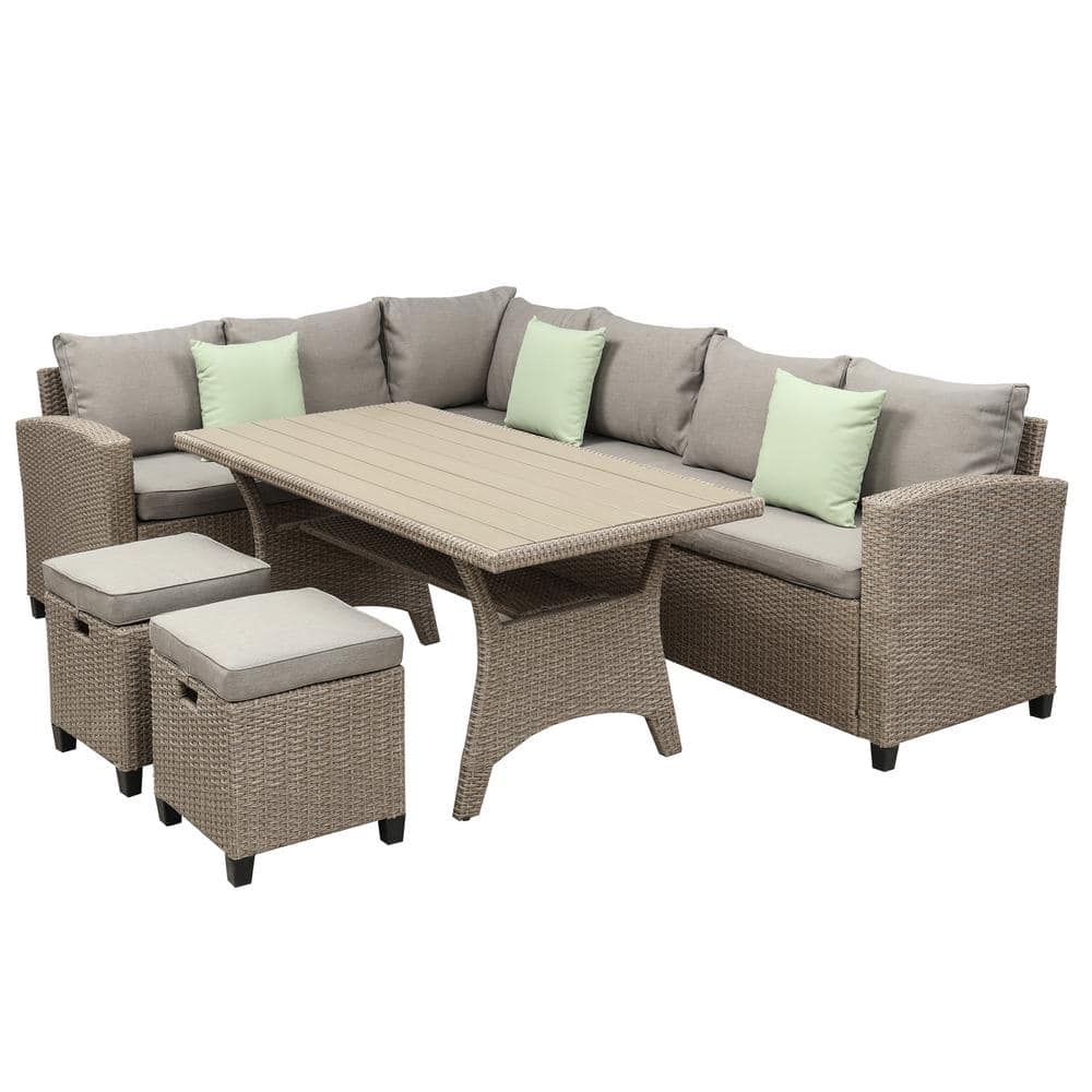5-Piece Wicker Patio Conversation Set, Dining Table Chair with Beige Brown 