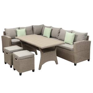 5-Piece Wicker Patio Conversation Set, Dining Table Chair with Beige Brown Cushions and Throw Pillows