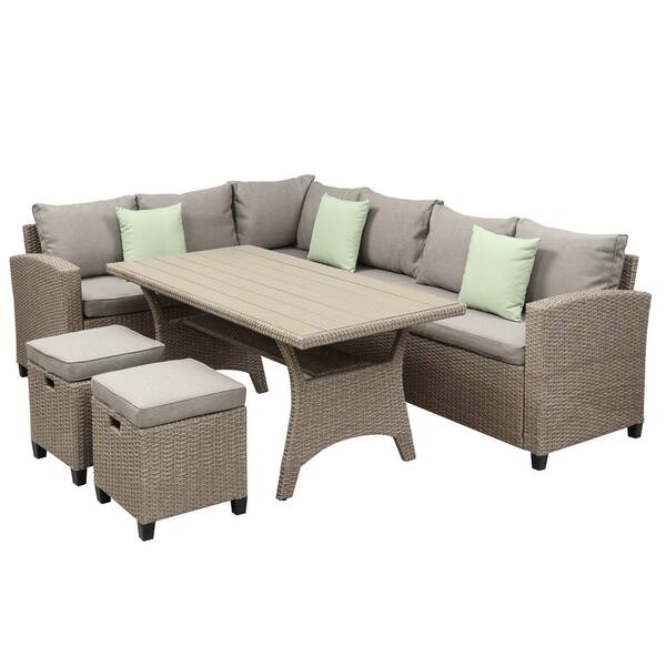 GOSHADOW 5-Piece Wicker Patio Conversation Set, Dining Table Chair with Beige Brown Cushions and Throw Pillows