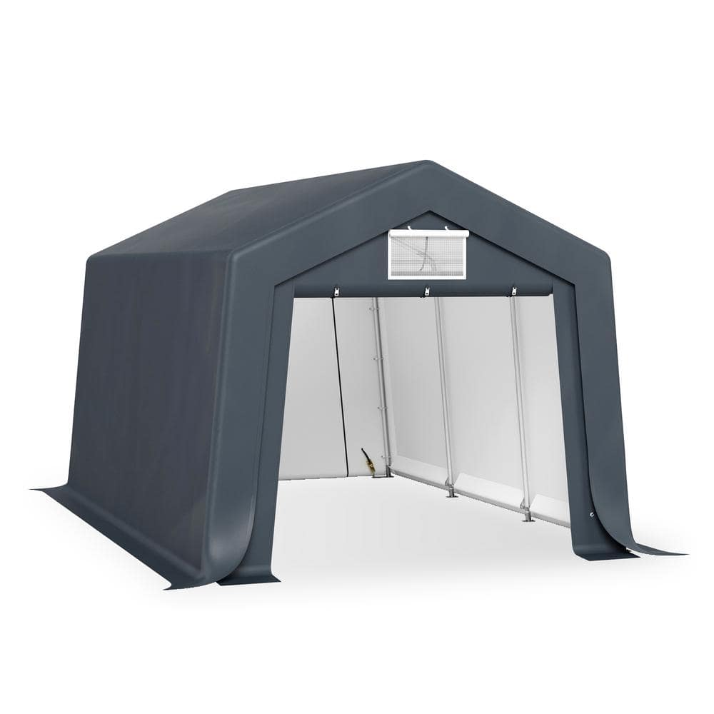 PHI VILLA 10 ft. x 15 ft. x 8.7 ft. Carport Garage Storage Shed with Walls and Doors Galvanized Steel Frame in Gray