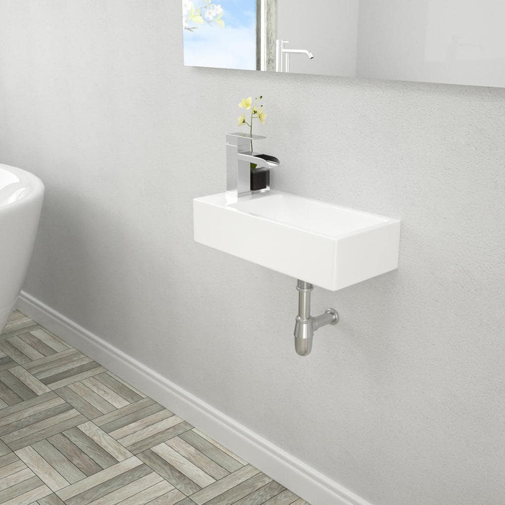 15" White Ceramic Wall-Mounted Floating Bathroom Sink