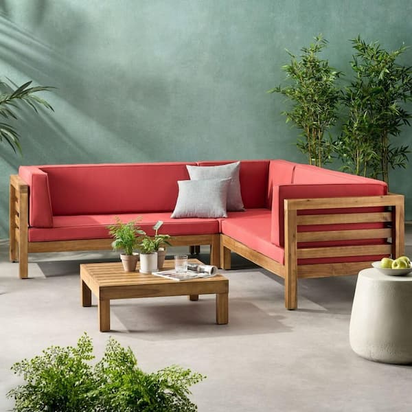 Red 4-Piece Wood Patio Fire Pit Sectional Seating Set with Sunbrella Cardinal Red Cushions​