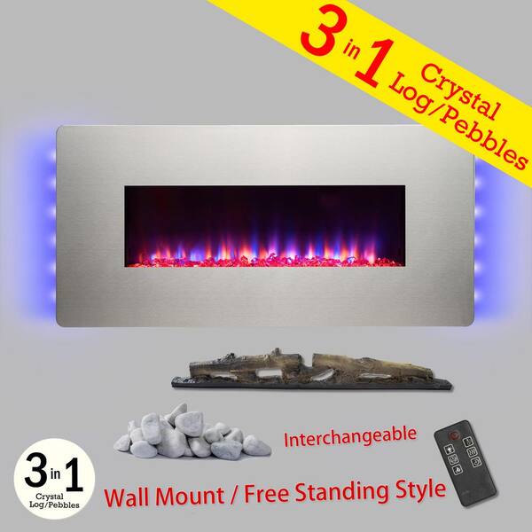 AKDY 48 in. Wall Mount Freestanding Convertible Electric Fireplace in Stainless Steel w/ Pebble, Log, Crystal, Remote Control