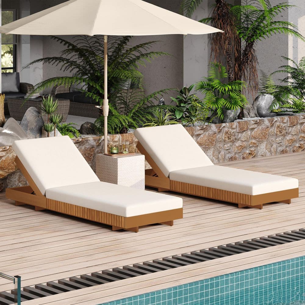 Bade Patio Solid Wood Adjustable Backrest Outdoor Chaise Lounge with Cream Cushion, Copper Teak Finish, (Set of 2) price history on PriceWatchPro