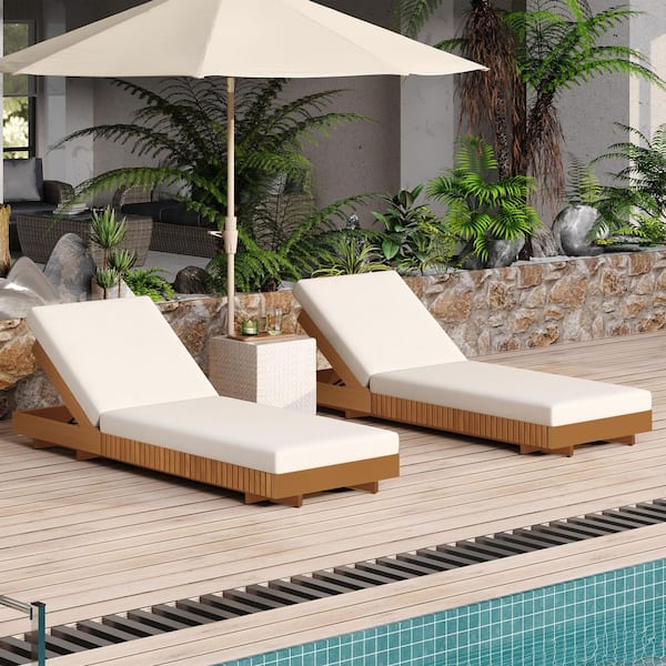 Bade Patio Solid Wood Adjustable Backrest Outdoor Chaise Lounge with Cream Cushion, Copper Teak Finish, (Set of 2)
