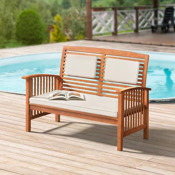 Lyndon Eucalyptus Wood Outdoor 2 Seat Bench with Cushions Light Brown 48in W x 28in D x 35in H