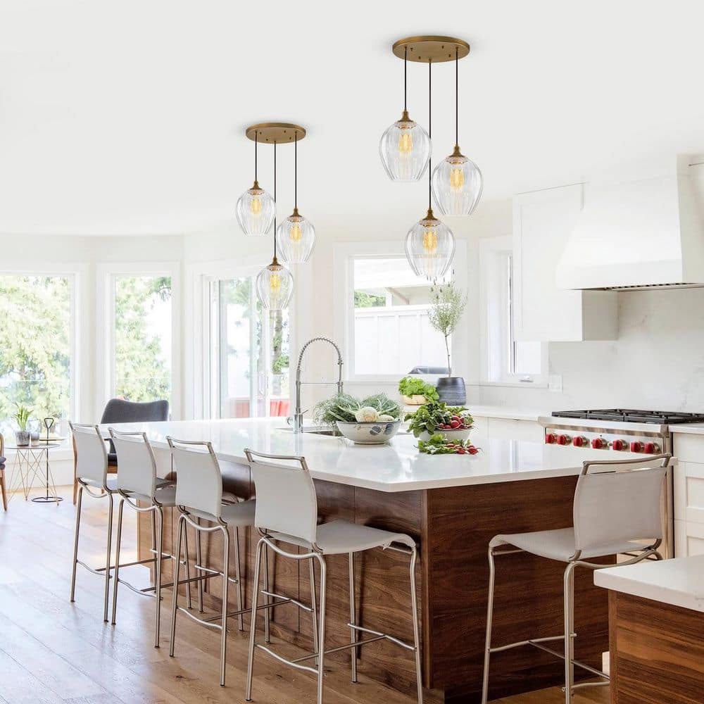 13.8 in. 3-Light Modern Cluster Matte Brass Chandelier Hanging Pendant Light with Ribbed Clear Glass for Kitchen price history on PriceWatchPro