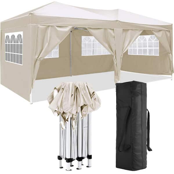 Unbranded Beige 10 ft. x 20 ft. Metal Folding Pop-Up Canopy with 6 Removable Sidewalls, Event Shelter UPF 50+ Gazebo Portable Tent