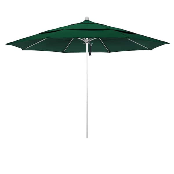 California Umbrella 11 ft. Silver Aluminum Commercial Market Patio Umbrella with Fiberglass Ribs and Pulley Lift in Forest Green Sunbrella