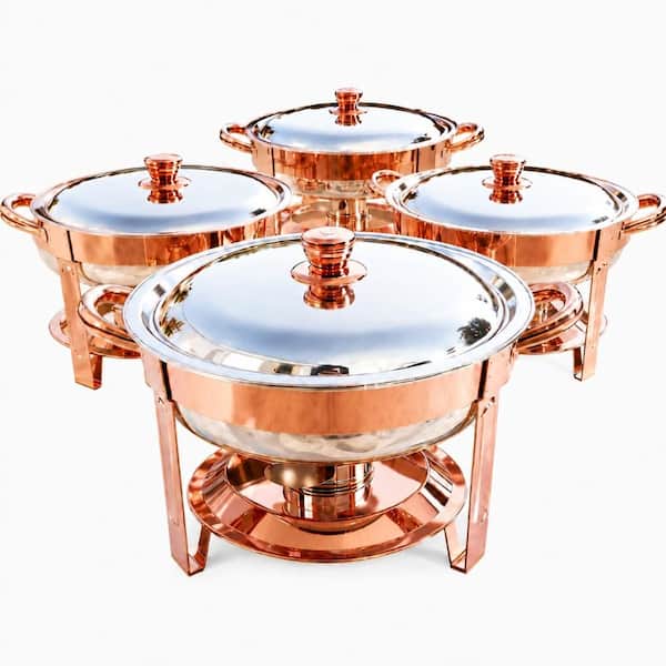 6 qt. Rose Gold Stainless Steel Round Chafing Dish Set of 4 with Pre-Assembled Legs and Serving Tongs for Buffet