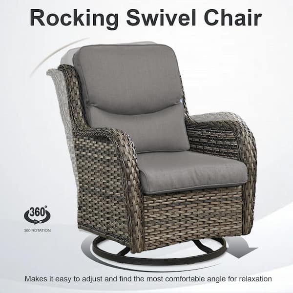 Crescent 6-Piece Gray Wicker Outdoor Swivel Rocker Patio Chairs Patio Conversation Set with Gray Cushions