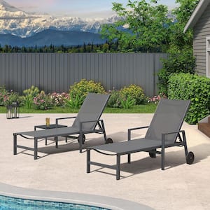 3-Pieces Aluminum Outdoor Chaise Lounge Chair with Wheels and Armrests Recliner Chair for Pool Backyard Beach, Grey