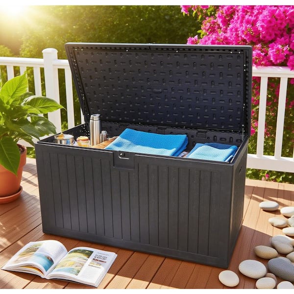230 gal. Resin Outdoor Lockable Storage Deck Box Waterproof, with Containers for Pool Accessories, Garden Tools, Black