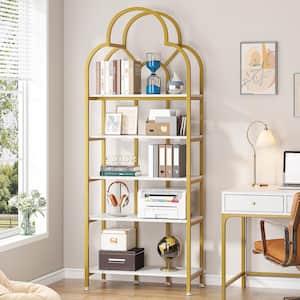 75.78 in. Tall White and Gold Manufactured Wood 5-Shelf Arched Bookcase Bookshelf