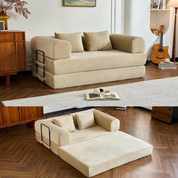 59.05 in. Beige Striped Corduroy Twin Size Convertible Sofa Bed