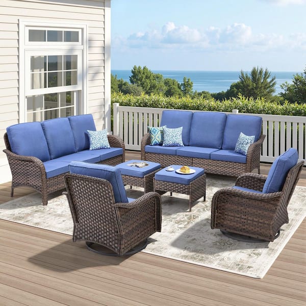 6-Piece Wicker Swivel Patio Conversation Set, 2-Sofa, Swivel Chairs, Footstools with Blue Cushions